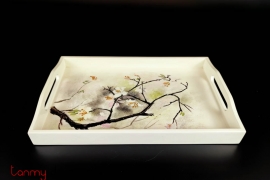 White rectangular lacquer tray with hand painted apricot 